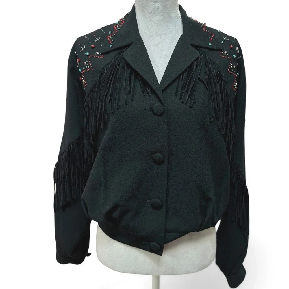 CAROLE‎ LITTLE Fringe Western Jacket Womens 6 Black Beaded Vintage Southwestern
